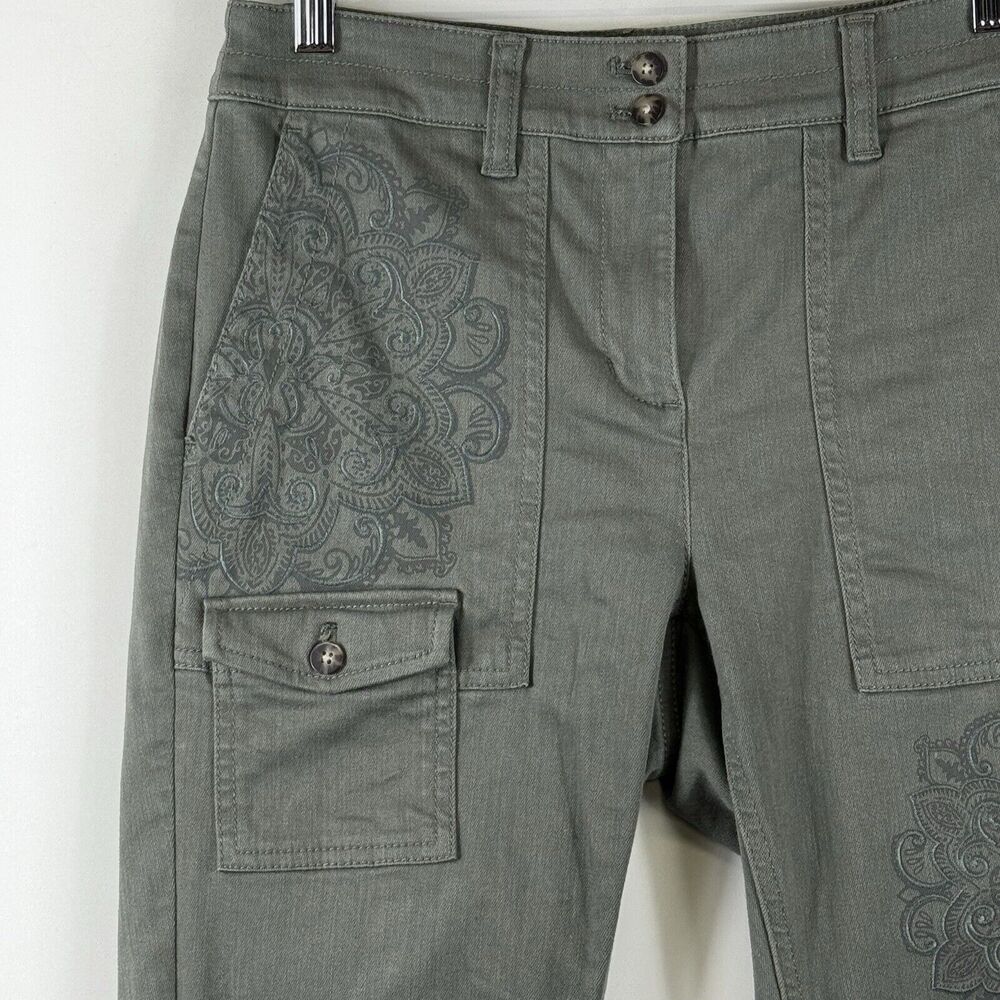 J. Jill Olive Green Embroidered‎ Mandala Skinny Cargo Casual Pants Women's 4 - Picture 2 of 7